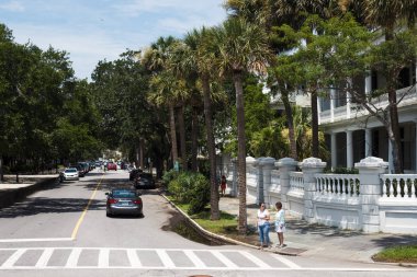 Palmiye ağaçları, güzel tatil beldesi pitoresk caddeleri bir güneşli yaz gününde ev sahipliği yapmaktadır. Charleston, Sc / ABD - 13 Temmuz 2018