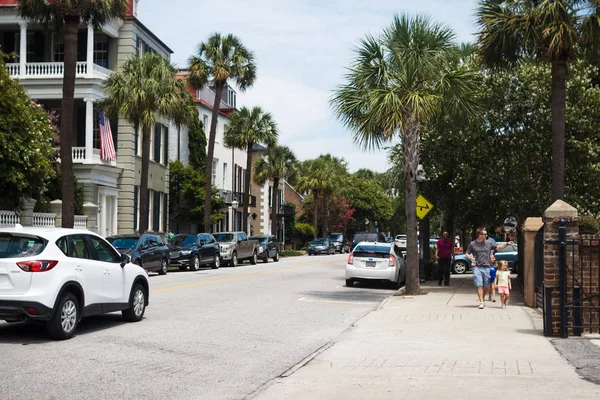 Charleston tarihi merkezi Güney Carolina yılında ABD'de güneşli yaz gününde sokaklarda. Şehir yaz sokaklarda, arabalar tarafta stand, uzun palmiye ağaçları büyümek, güzel evler standı.