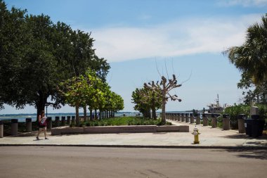 Güzel park körfezin kıyısında yeşil ağaçlar ile. Turist parkta bir harita. Joe Riley Waterfront Park. Charleston, Sc / ABD - 21 Temmuz 2018