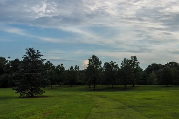 Парк Гладким Зеленым Газоном Красивыми Деревьями Живописными Облаками Красивые Облака — стоковое фото