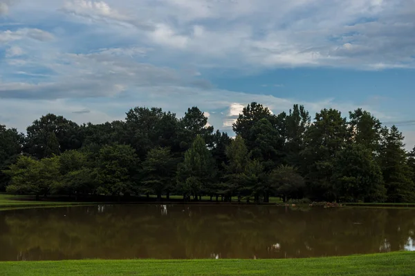 美しい夏公園の木 緑の芝生と大きな池 美しい青い空の雲 パーク ミリケン樹木園 スパルタンバーグ サウスカロライナ — ストック写真