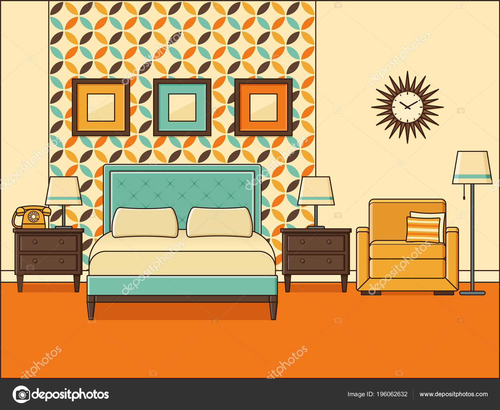 Bedroom Interior Hotel Room Bed Vector Home Retro Space Flat