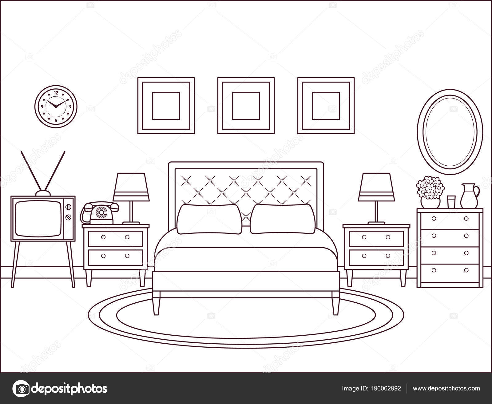 Bedroom Interior Hotel Retro Room Bed Vector Outline Home