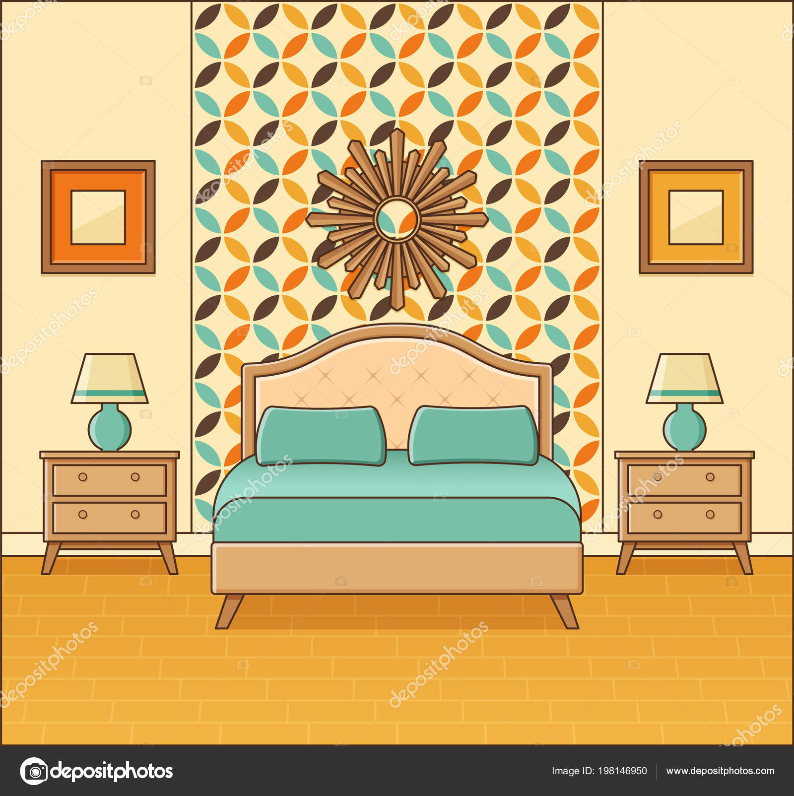 Bedroom Interior Hotel Room Bed Vector Home Retro Space Flat