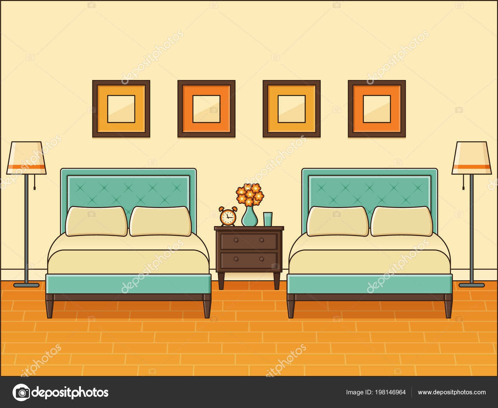 Bedroom Interior Two Beds Hotel Room Vector Home Retro Space