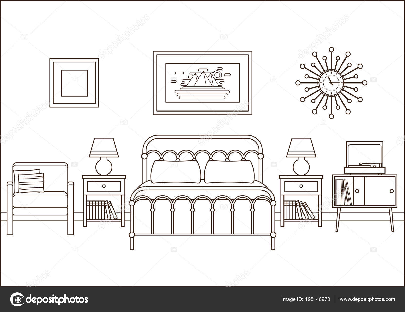 Hotelkamer Slaapkamer Interieur Vector Een Overzicht Van Retro Huis