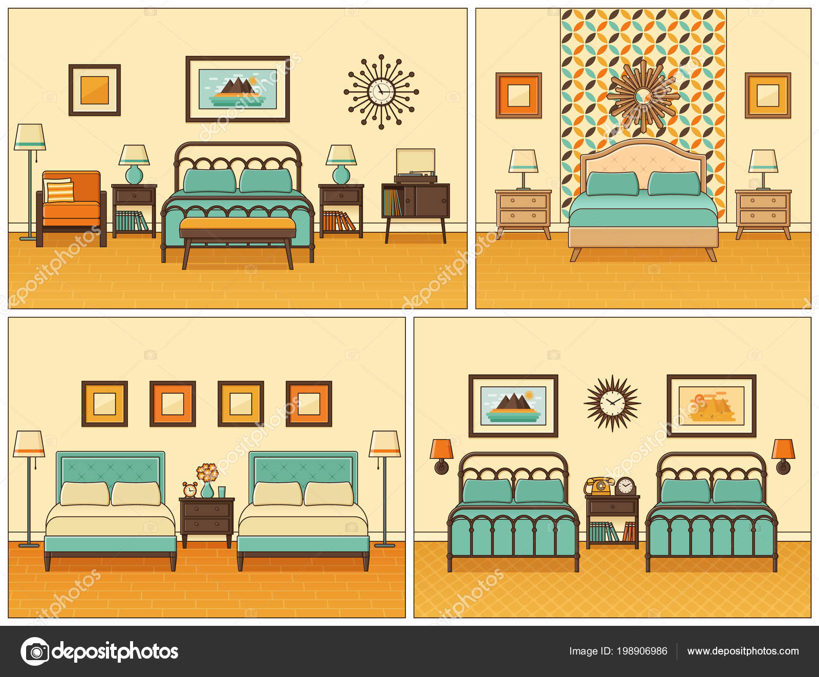 Hotel Room Interior Bedrooms Beds Vector Linear Flat Design