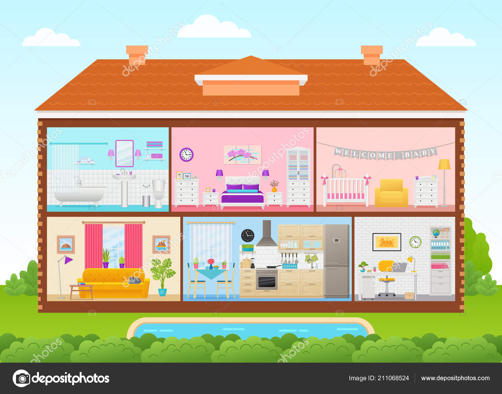 Interior Casa Vector Sección Transversal Casa Con Habitaciones