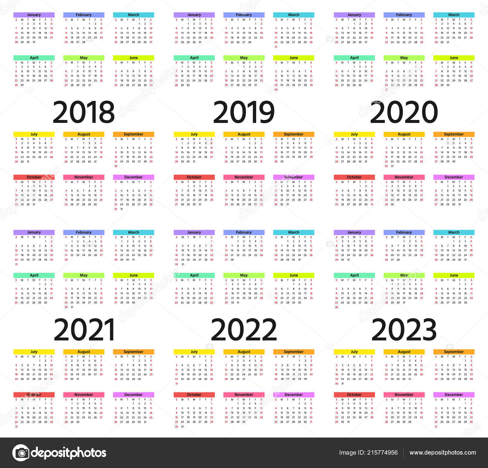 Calendar 2018 2019 2020 2021 2022 2023 Year Week Starts — Stock Vector ...