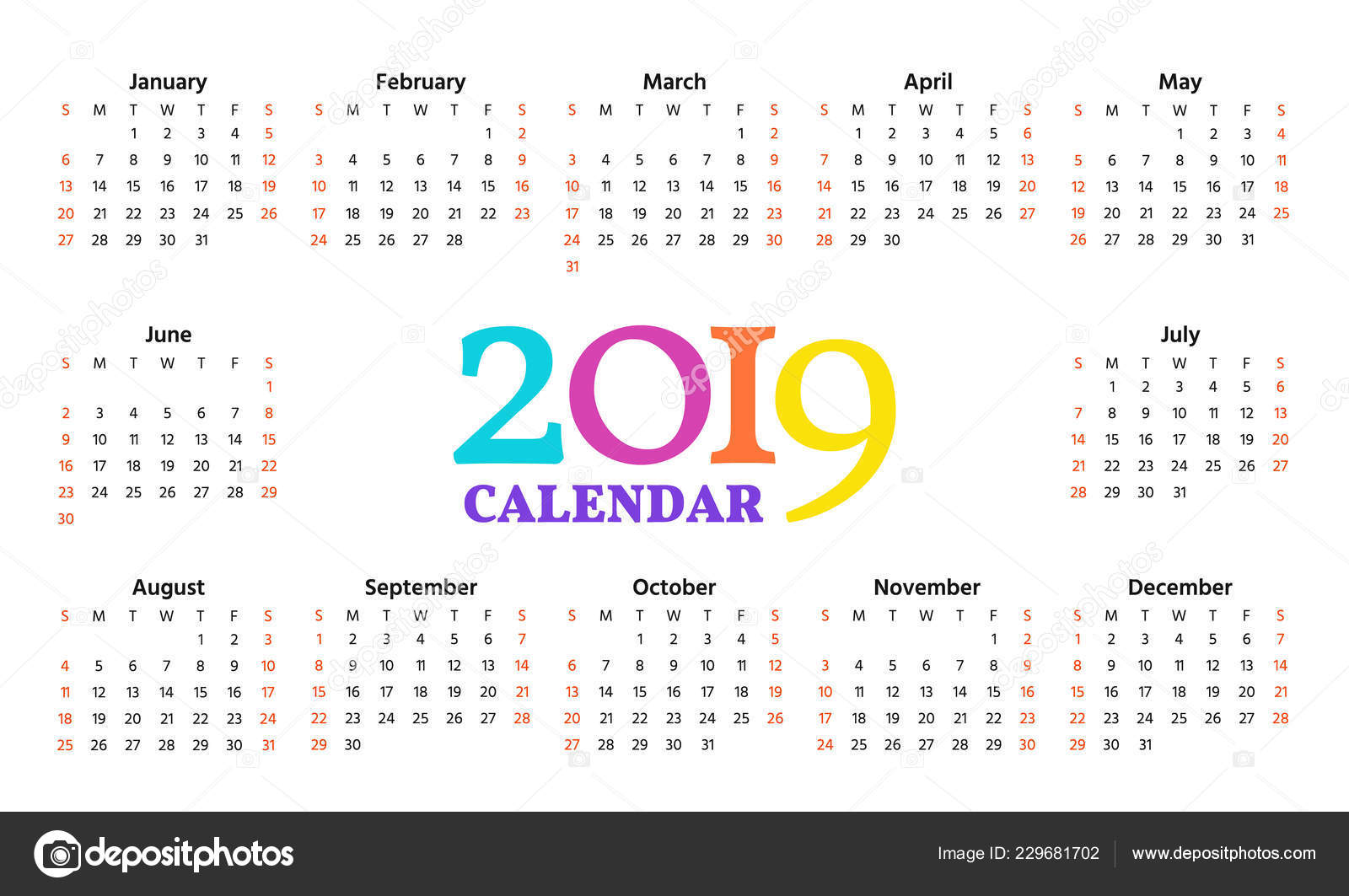 Calendario 2019 Imprime Fines de Semana