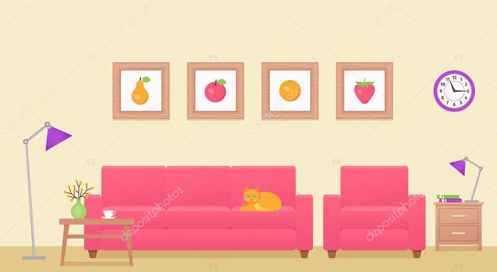 Living Room Room Interior Vector Lounge With Furniture Cartoon Home Background House Equipment With Pink Sofa And Table Colorful Animated Illustration In Flat Design Parlor In Modern Apartment Premium Vector In