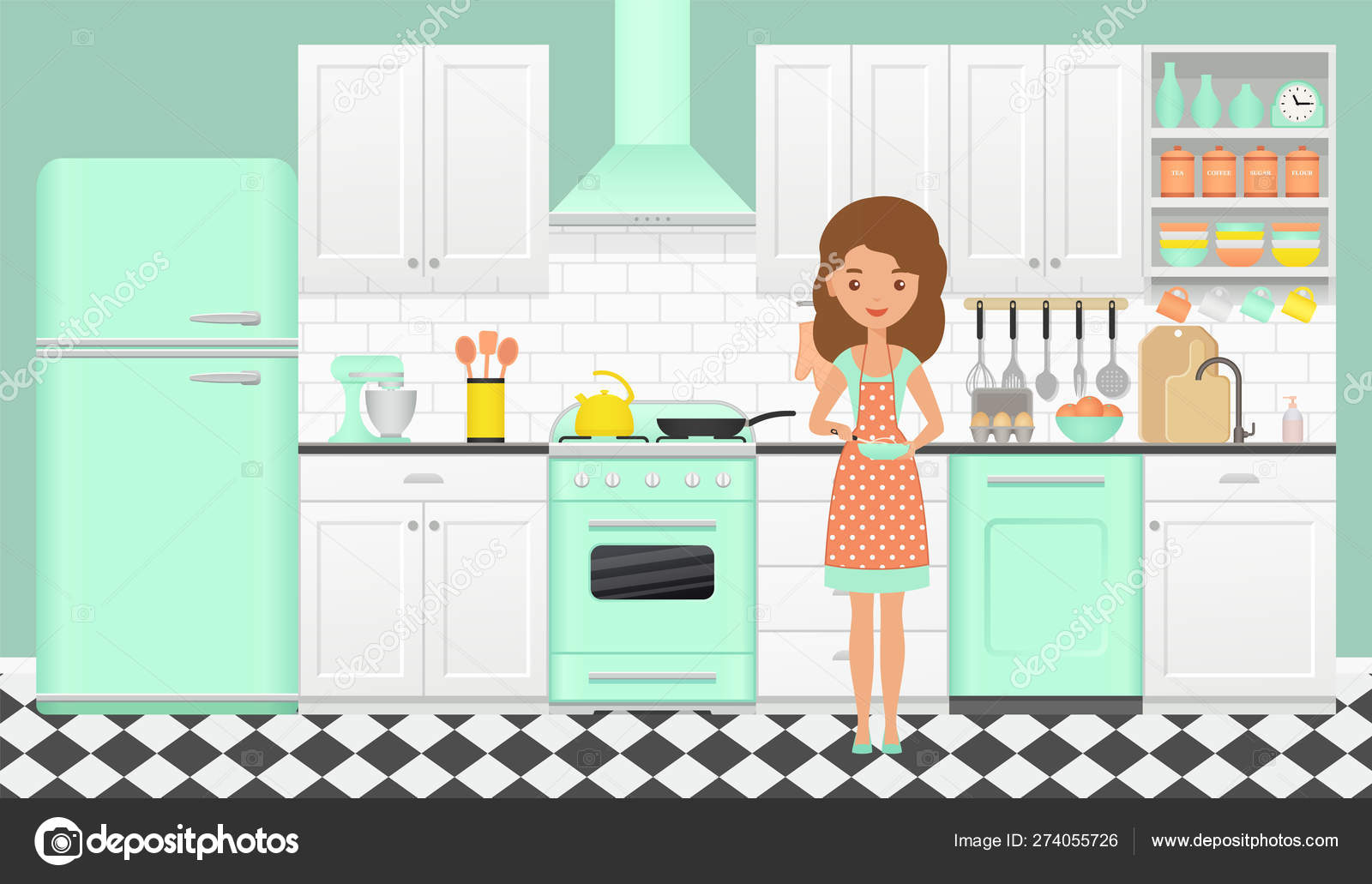 Retro Kitchen With Cooking Girl Vector Illustration In Flat Des