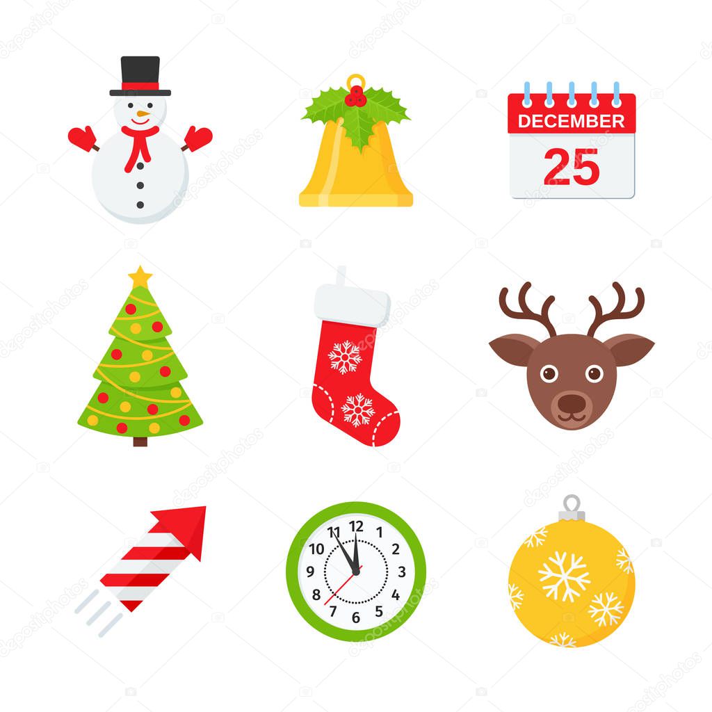 Christmas Icons Vector Xmas Winter Objects Set Of Cute Holiday Decorations Isolated On White Background In Flat Design Collection Festive Colorful Symbols Cartoon Color Illustration Premium Vector In Adobe Illustrator Ai