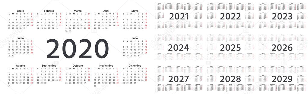 Calendar Spanish 2020 2021 2022 2023 2024 2025 2026 2027 2028 2029 Years Vector Week Starts Monday Stationery Calender Template Landscape Orientation Yearly Organizer In Minimal Design Premium Vector In Adobe Illustrator Ai Ai