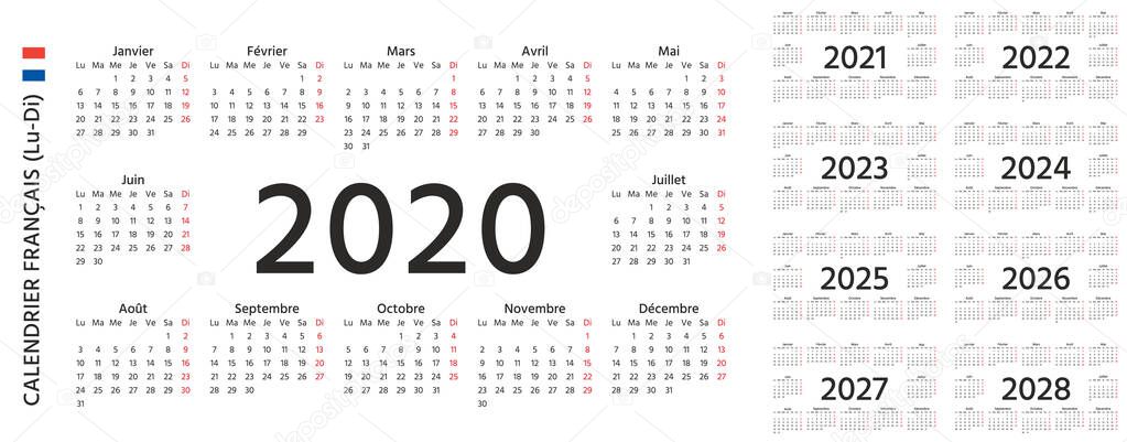 2020, 2021, 2022 French Calendar. Vector illustration. Template vector