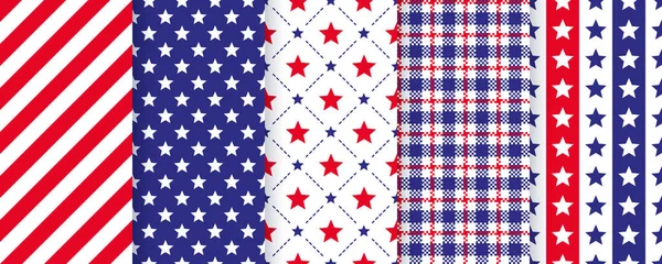 Patriotic seamless pattern. 4th July backgrounds. Vector.  Happy independence textures. Set of holiday geometric prints with stars, stripes and plaid. Simple modern endless illustration.
