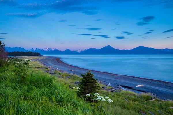 Atardecer Montañas Alaska Barlovento Homero Glaciar Salida Ballenas Puffins Nutrias — Foto de Stock