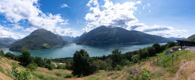 A scenic overlook provides a stunning view of the turquoise waters of a Norwegian fjord, surrounded by lush green mountains and a charming village nestled along the shoreline. Visitors stop here to take in the breathtaking beauty of the landscape and