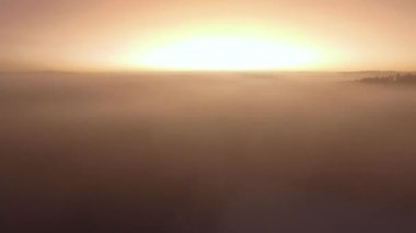 aerial view of foggy sunrise over the field