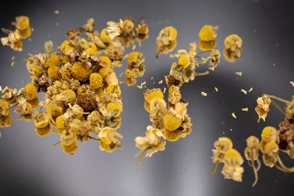 Koyu bir yüzeyde sarı merkezli kurumuş papatya çiçekleri ve soluk yapraklar, bitki çayını, rahatlamayı, doğal çareleri ve yatıştırıcı sağlık faydalarını sembolize ediyor..