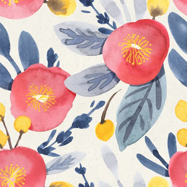 Seamless watercolor floral pattern on paper texture. Botanical background 