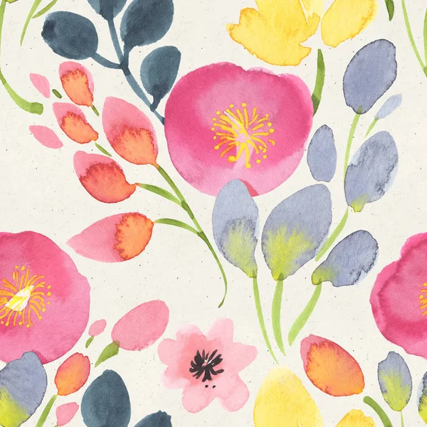 Seamless watercolor floral pattern on paper texture. Botanical background 