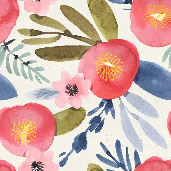 Seamless watercolor floral pattern on paper texture. Botanical background 