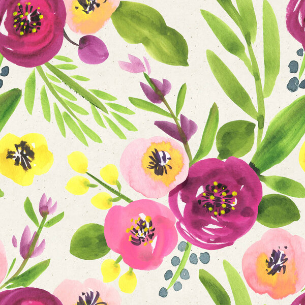Seamless watercolor floral pattern on paper texture. Botanical background 