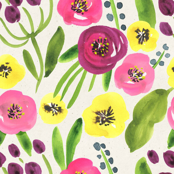 Seamless watercolor floral pattern on paper texture. Botanical background 