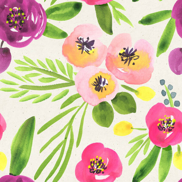 Seamless watercolor floral pattern on paper texture. Botanical background 