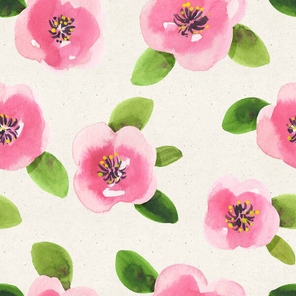 Seamless watercolor floral pattern on paper texture. Botanical background 