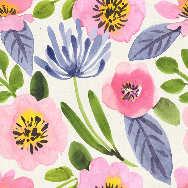 Seamless watercolor floral pattern on paper texture. Botanical background 