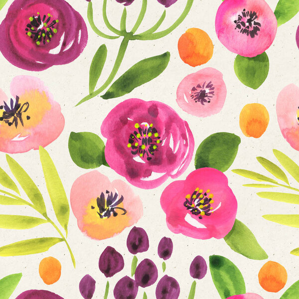 Seamless watercolor floral pattern on paper texture. Botanical background 