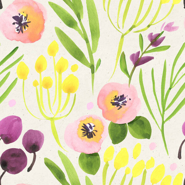 Seamless watercolor floral pattern on paper texture. Botanical background 