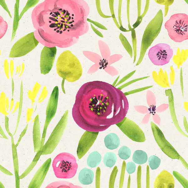 Seamless watercolor floral pattern on paper texture. Botanical background 