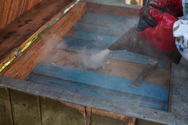 Arı yetiştiricisi arı kovanı tarafından ısırılmasın diye kovanda bir baca tüttürür. Yatay çerçeve.