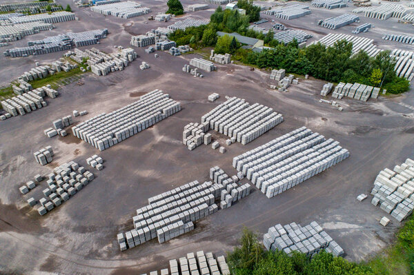 Aerial view of factory for Blocks of concrete stones Building materials industry products for homebuilding construction.