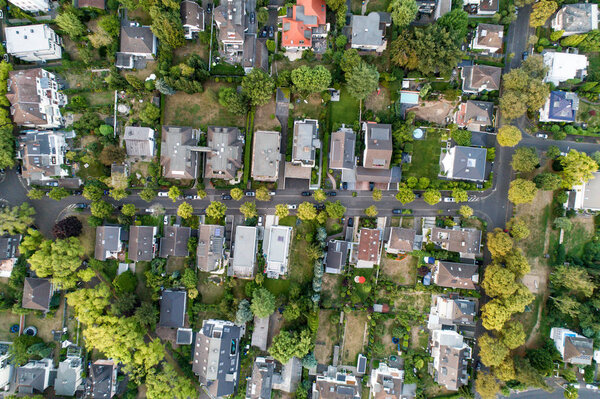 Aerial drone view of streets in Bonn bad godesberg, the former capital of Germany with a typical german house neighbourhood