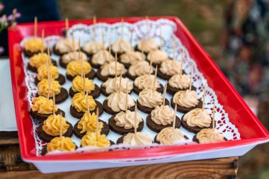 kanepeler ürün yelpazesine açık büfe. Ziyafet Servisi. Gıda catering, karışık fingerfood meze ile aperatifler