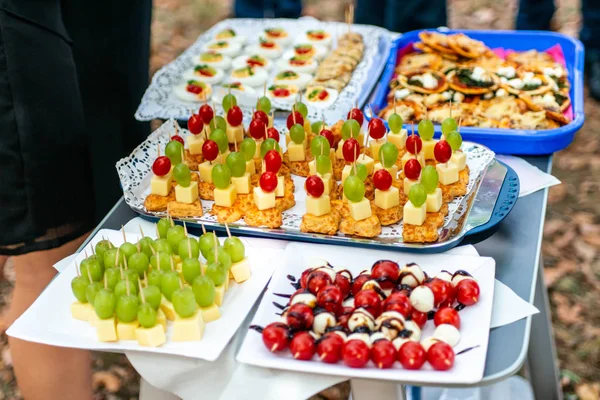 Buffet Assortment of canapes. Banquet service. catering food, snacks with mixed fingerfood appetizers — Stock Photo, Image