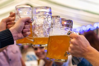 Bir bardak bira Oktoberfest Almanya ile yumuşak odak toasting gençler arkadaş grubu. Sığ Dof