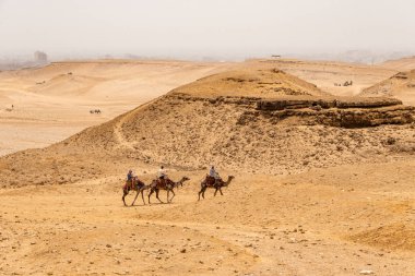 Kahire, Mısır 25.05.2018 - turistler ve Giza Yaylası kayalık çölde deve sürme kılavuzları