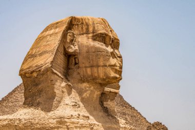 Mısır Büyük Sfenks tam vücut portre başı, Giza arka plan Mısır piramitleri ile kimse ile boş. kopya alanı