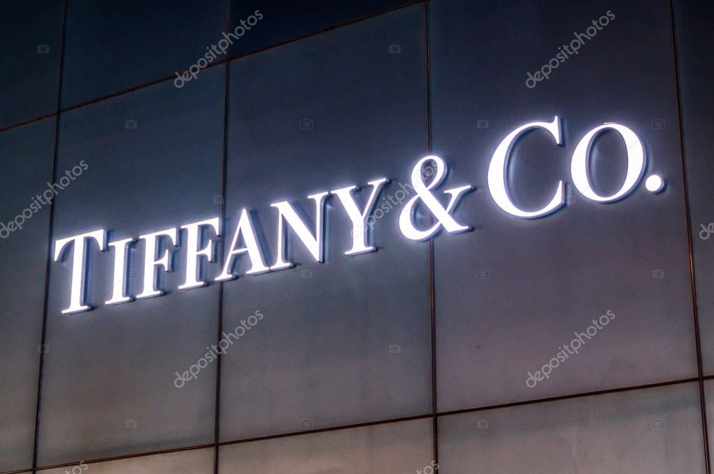 Bejing China 23.02.2019 - Tiffany Co logo on Tiffany Cos shop an American luxury jewelry and specialty retailer in Peking