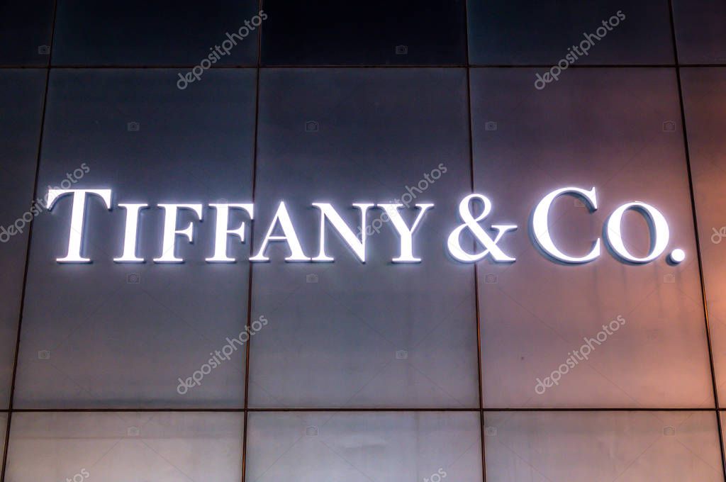 Bejing China 23.02.2019 - Tiffany Co logo on Tiffany Cos shop an American luxury jewelry and specialty retailer in Peking