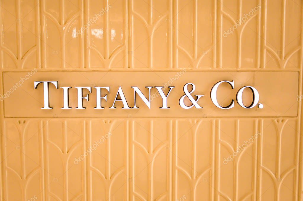 Bejing China 23.02.2019 - Tiffany Co logo on Tiffany Cos shop an American luxury jewelry and specialty retailer in Peking