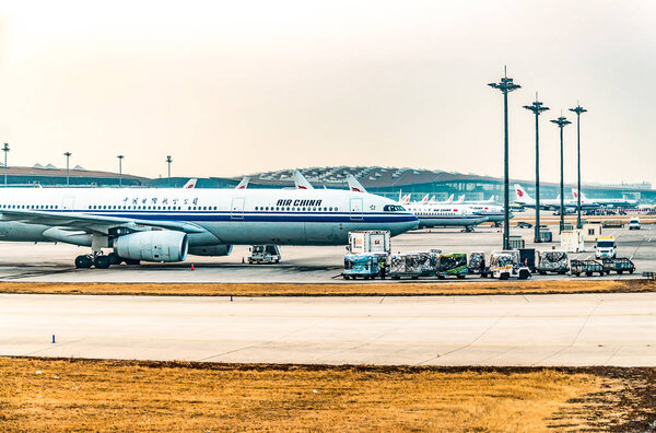 Bejing, China, 23.02.2019 Air China Airbus twin-engine jet airliner standing at the airport waiting for flight