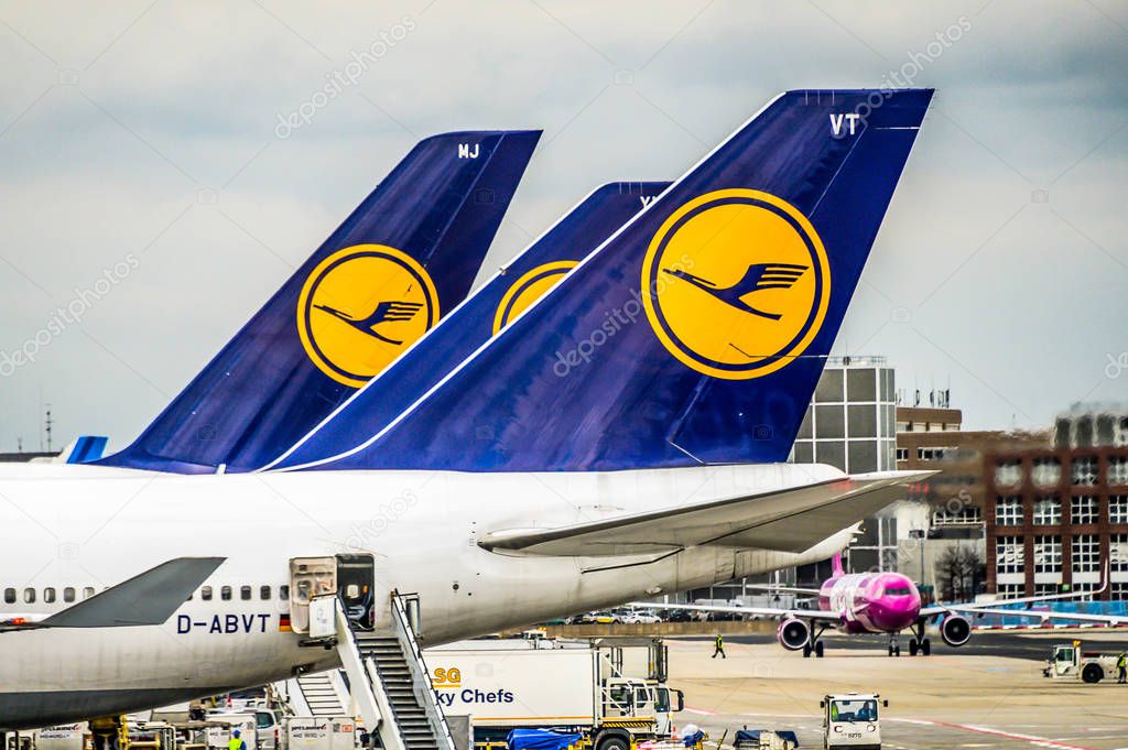 Frankfurt Germany, 23.02.2019 Lufthansa Airbus twin-engine jet airliner standing at the fraport airport waiting for flight
