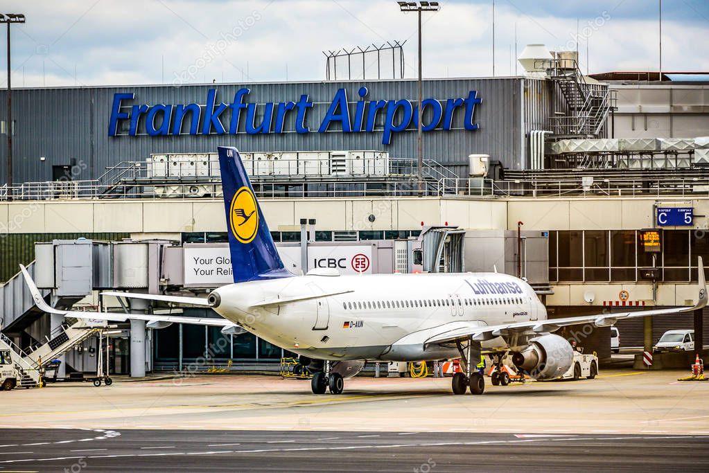 Frankfurt Germany, 23.02.2019 Lufthansa Airbus twin-engine jet airliner standing at the fraport airport waiting for flight