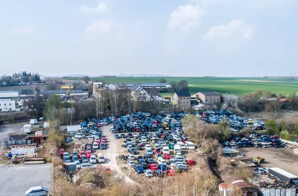 Lines of crushed cars wreck in scrapyard before being shredded recyling — Stock Photo, Image